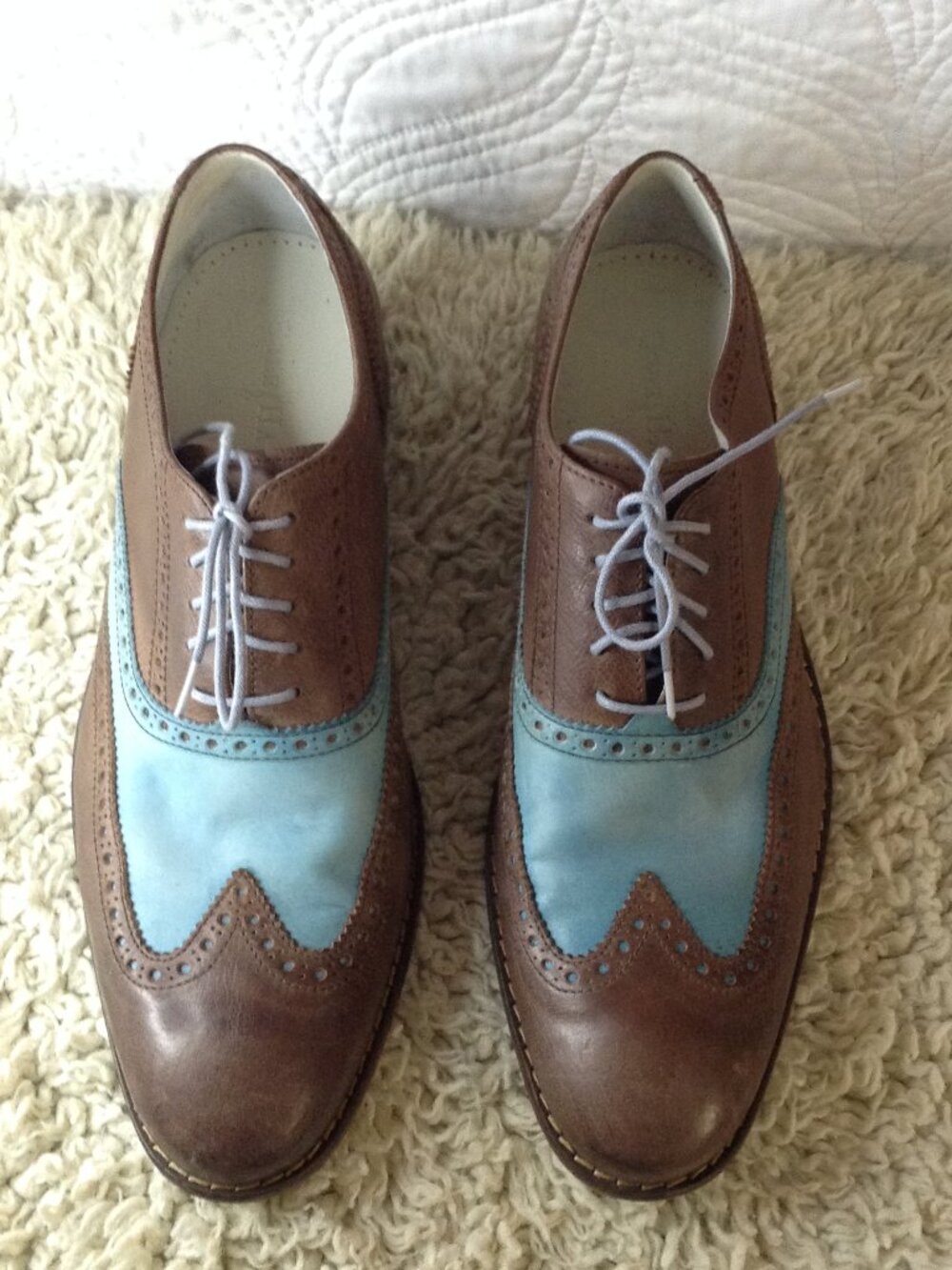 VTG Cole Haan 11M Wing Tip Spectator Shoes Leather Cognac Teal Oxfords Quiet Lux